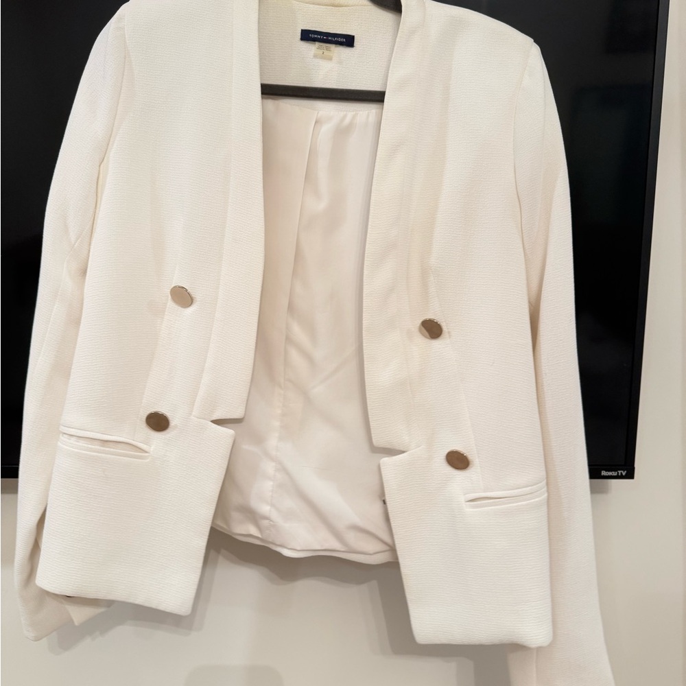 Tommy Hilfiger White Blazer with Gold Buttons Double Breast Sailor Stretch